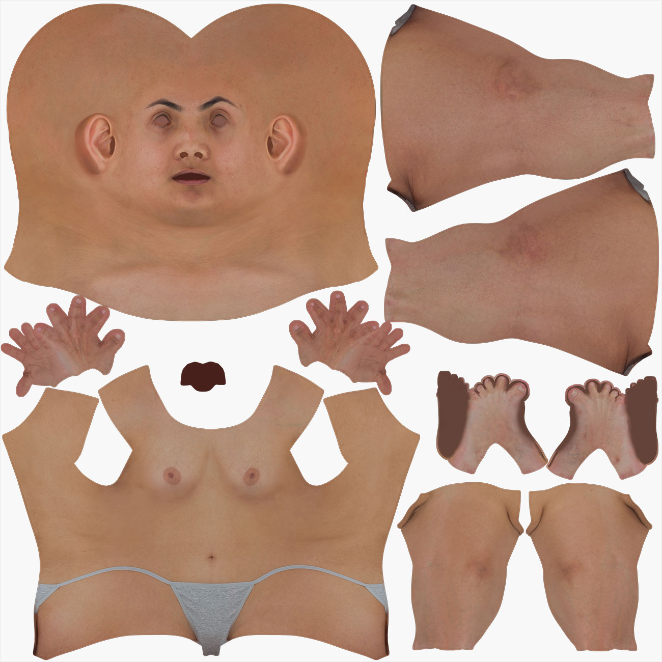 Unwrapped UV map layout for a female 3D body scan showing low-distortion texture coordinates across all mesh shells